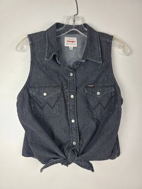 Wrangler Retro Wash Faded Black Tie-Front Sleeveless Pearl Snap Western Shirt M